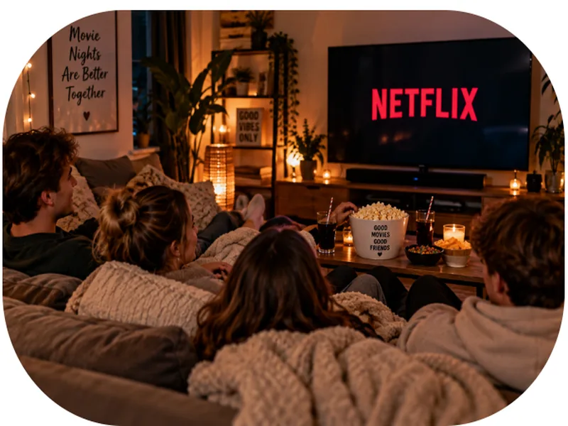 Vrienden kijken samen een film op de bank