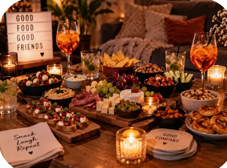 Borrelhapjes, cocktails en kaarsjes op tafel.